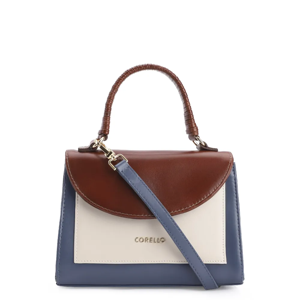 Bolsa De Mão Couro Azul/Marrom/Off White