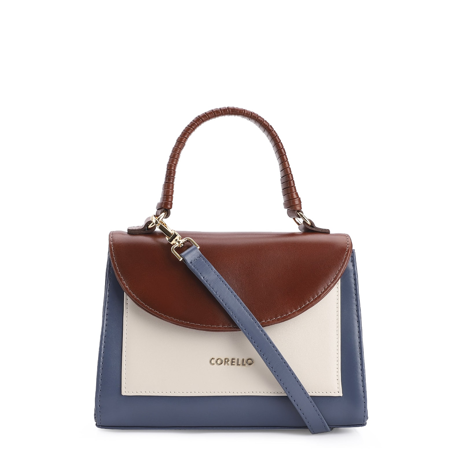 Bolsa De Mão Couro Azul/Marrom/Off White