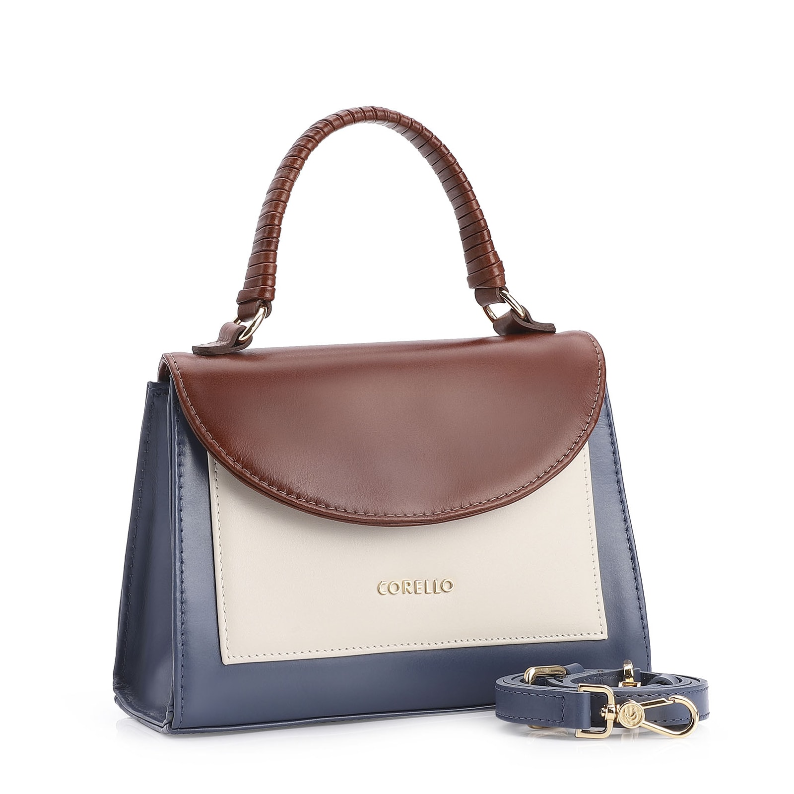 Bolsa De Mão Couro Azul/Marrom/Off White
