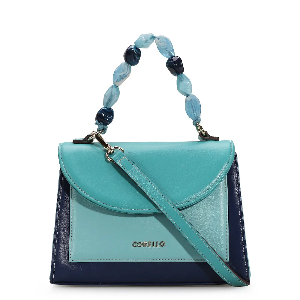 Bolsa De Mão Couro Azul Tricolor