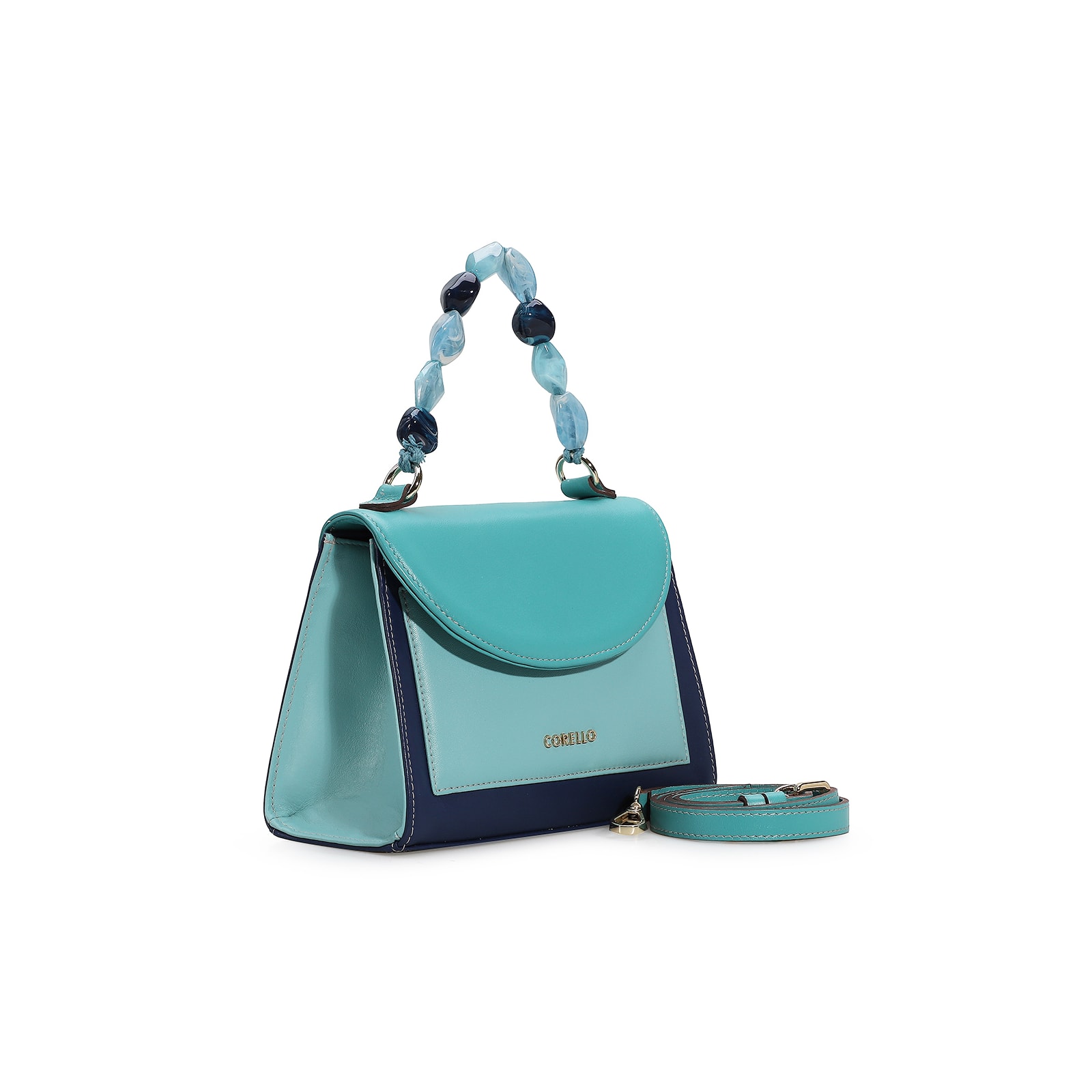 Bolsa De Mão Couro Azul Tricolor