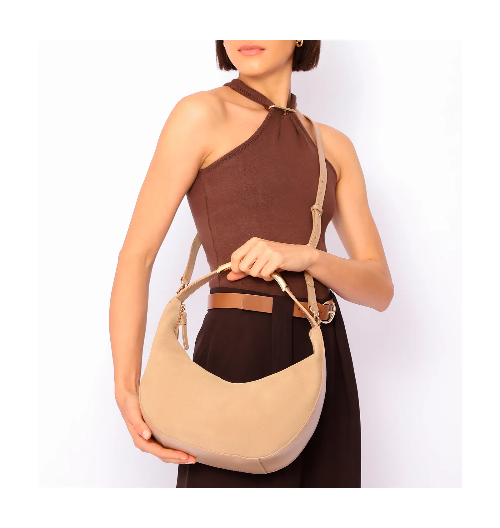Bolsa De Mão Couro Camurça/Couro Bege
