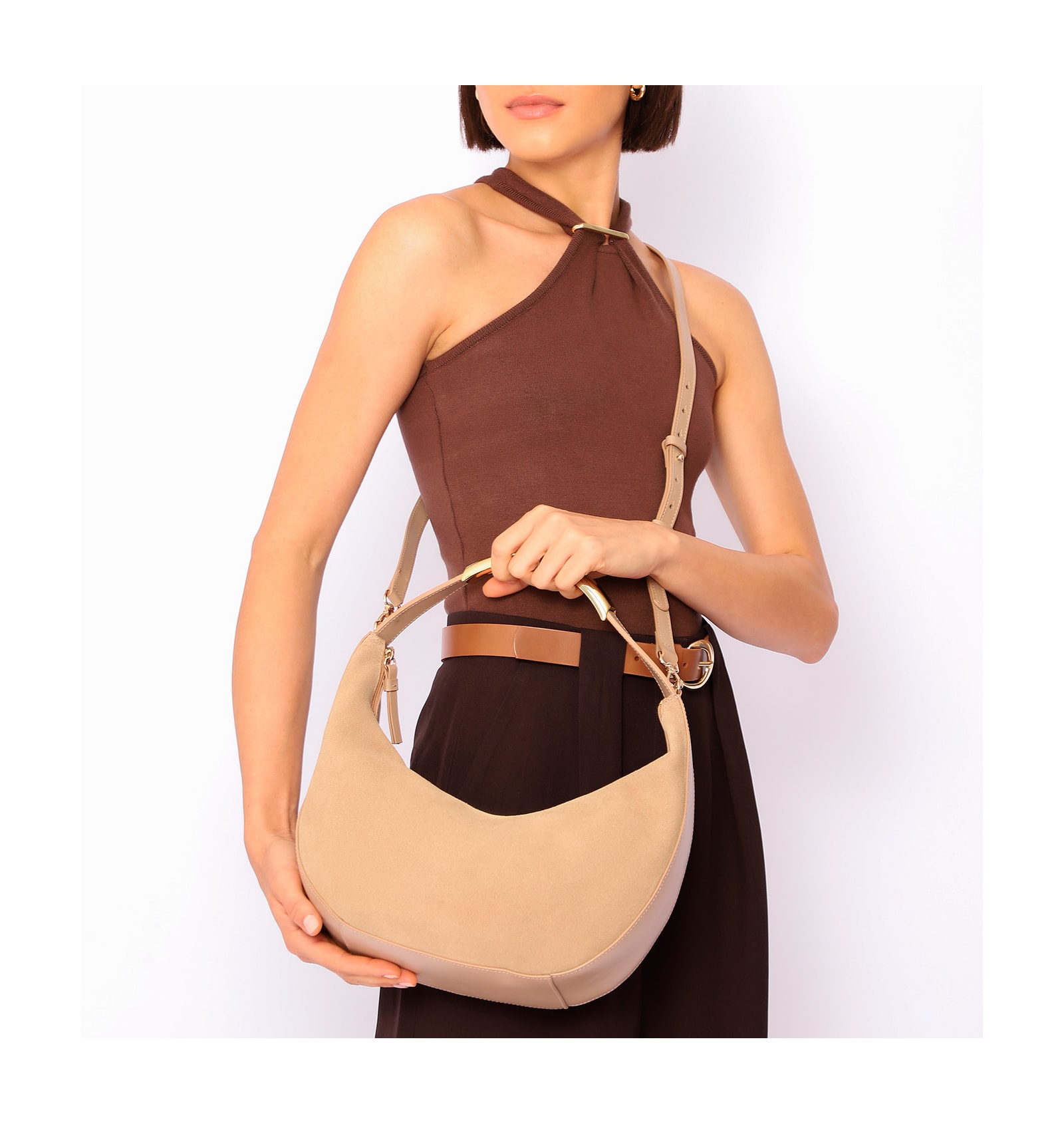 Bolsa De Mão Couro Camurça/Couro Bege