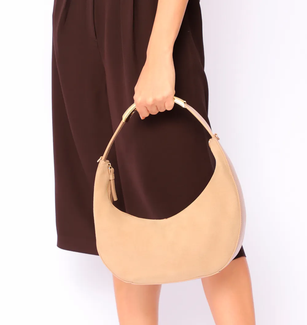 Bolsa De Mão Couro Camurça/Couro Bege - imagem 2
