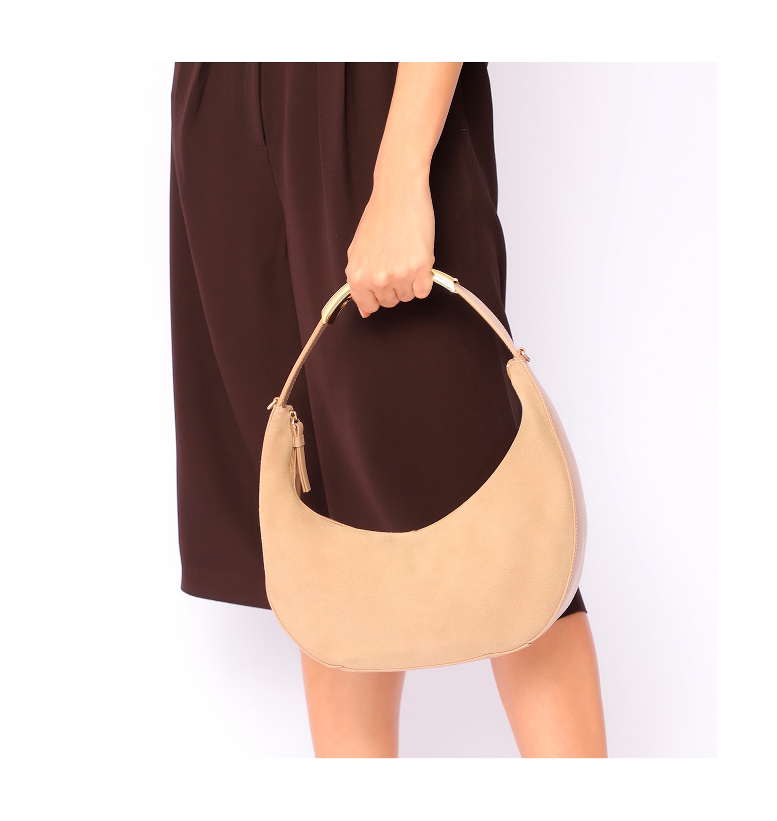 Bolsa De Mão Couro Camurça/Couro Bege