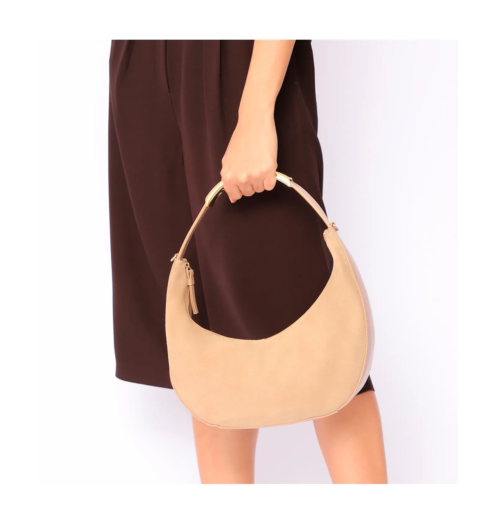 Bolsa De Mão Couro Camurça/Couro Bege