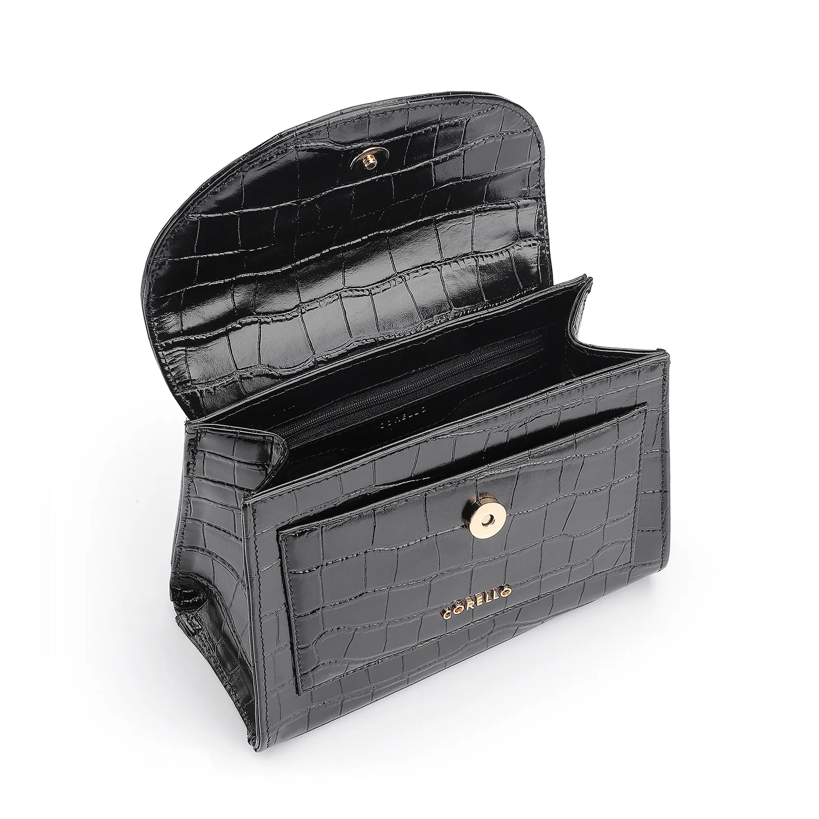 Bolsa De Mão Couro Croco Preto