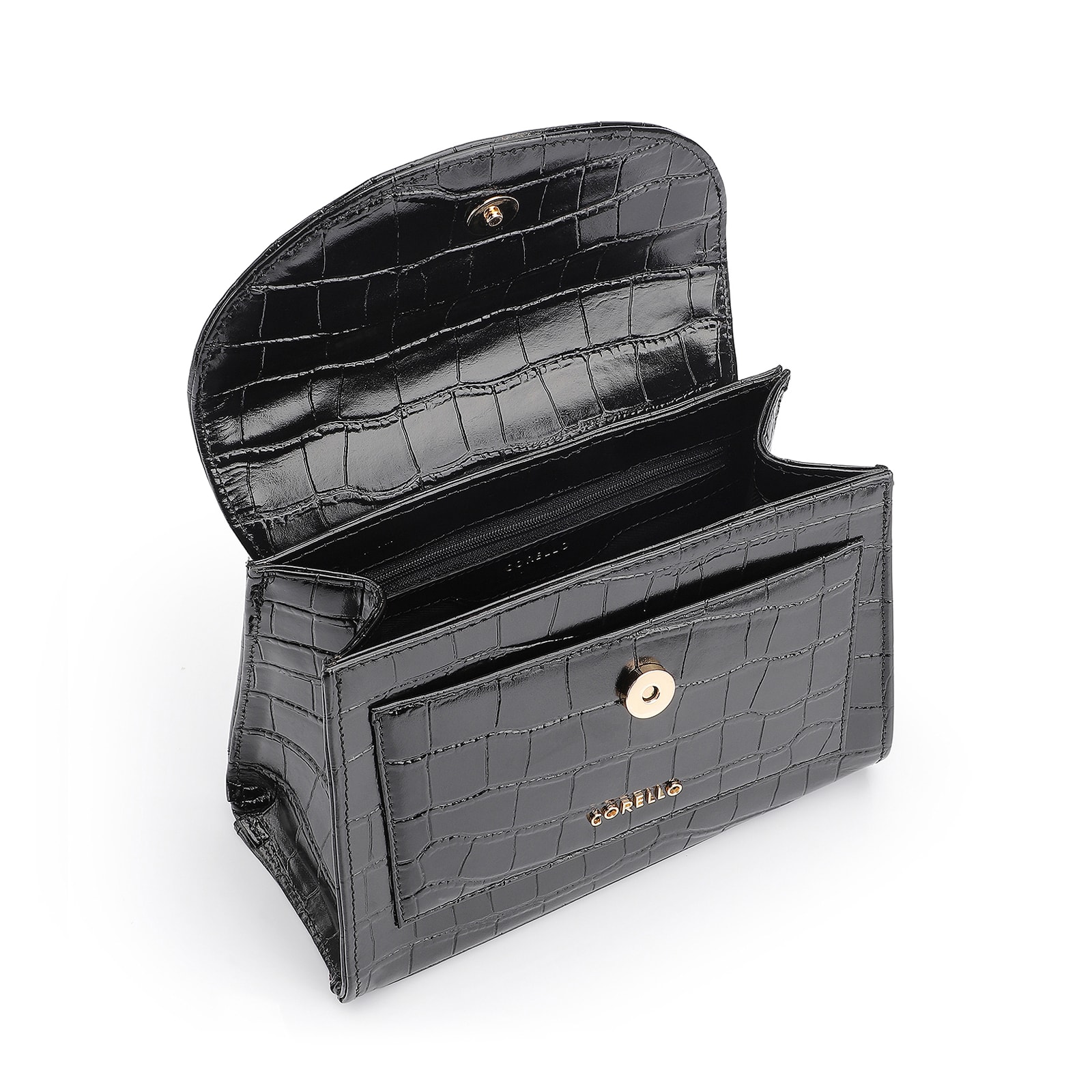 Bolsa De Mão Couro Croco Preto