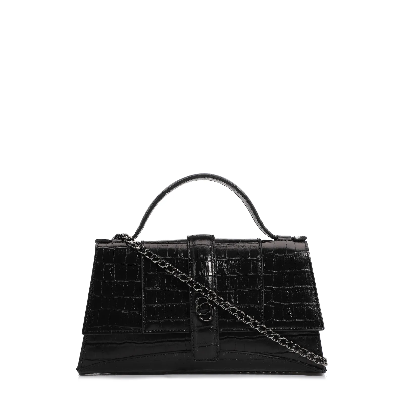 Bolsa De Mão Couro Croco Preto