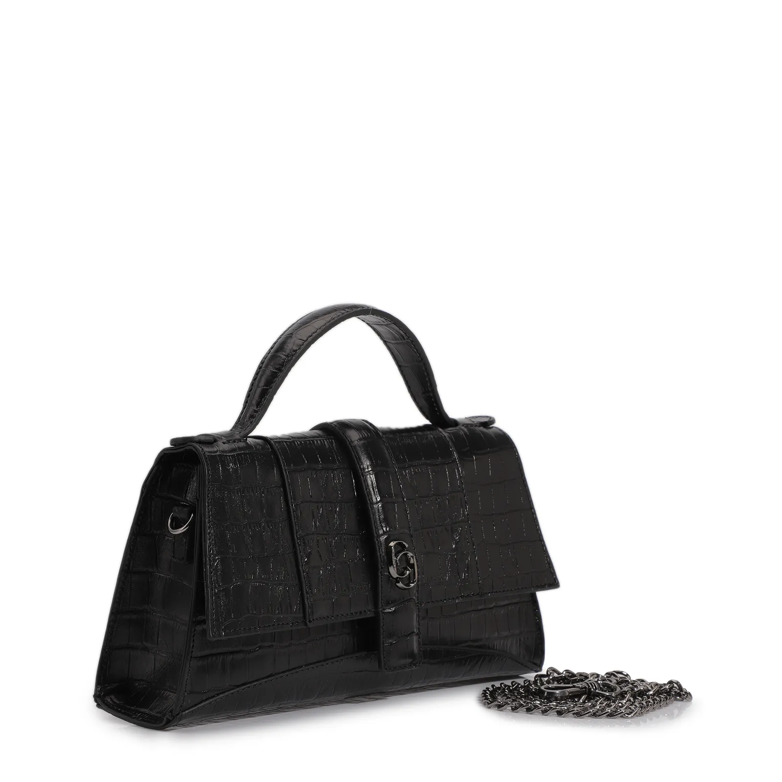 Bolsa De Mão Couro Croco Preto