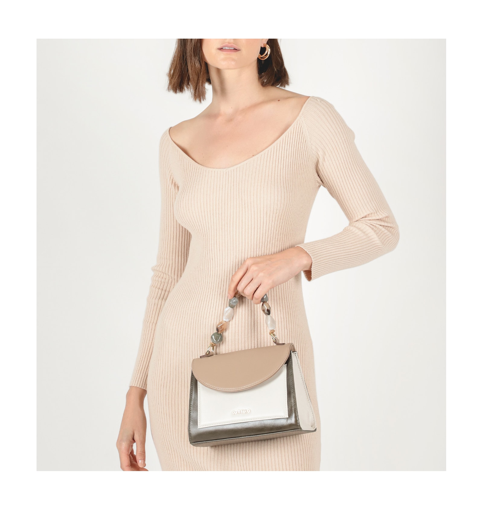 Bolsa De Mão Couro Kaki/Taupe/Nuvem