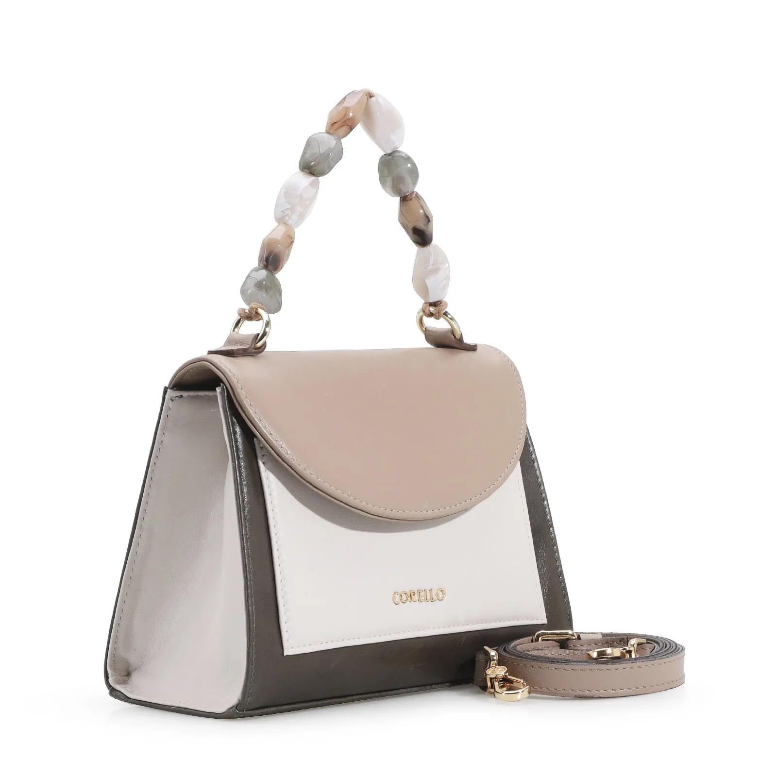 Bolsa De Mão Couro Kaki/Taupe/Nuvem
