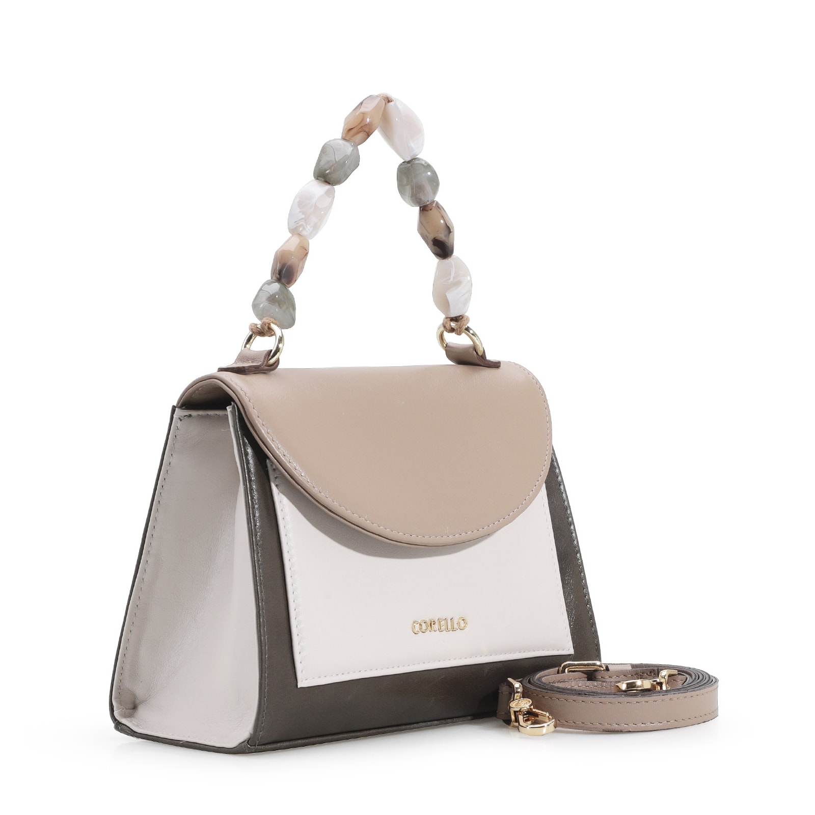 Bolsa De Mão Couro Kaki/Taupe/Nuvem