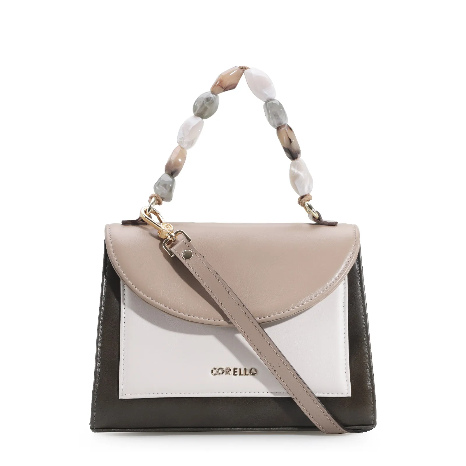 Bolsa De Mão Couro Kaki/Taupe/Nuvem