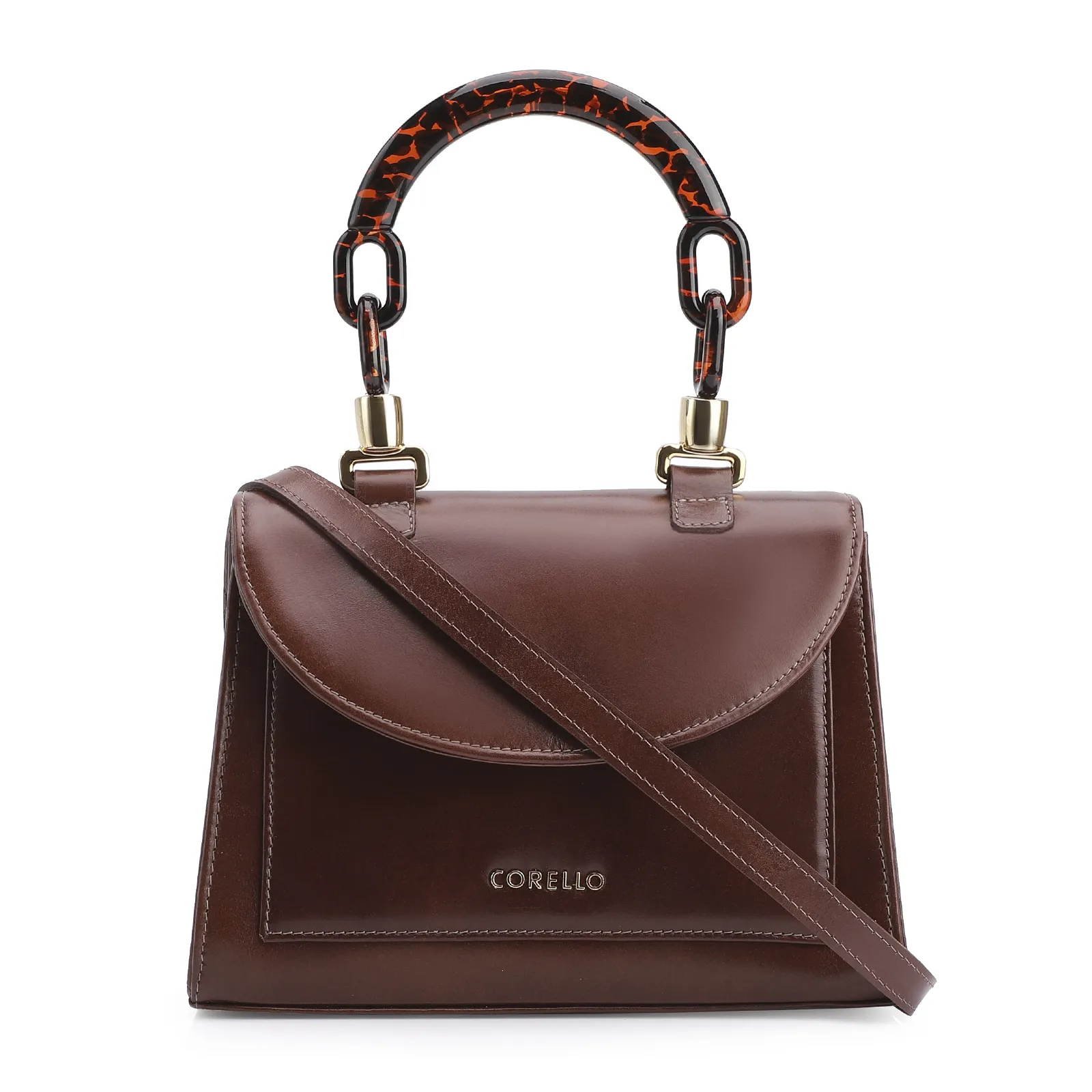 Bolsa De Mão Couro Marrom/Alça Alt Tartaruga
