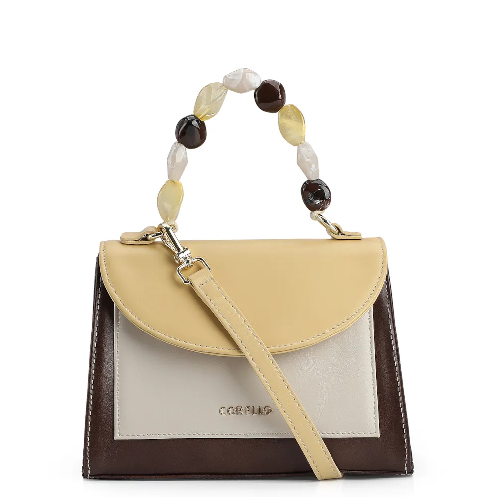 Bolsa De Mão Couro Marrom/Amarelo/Off White