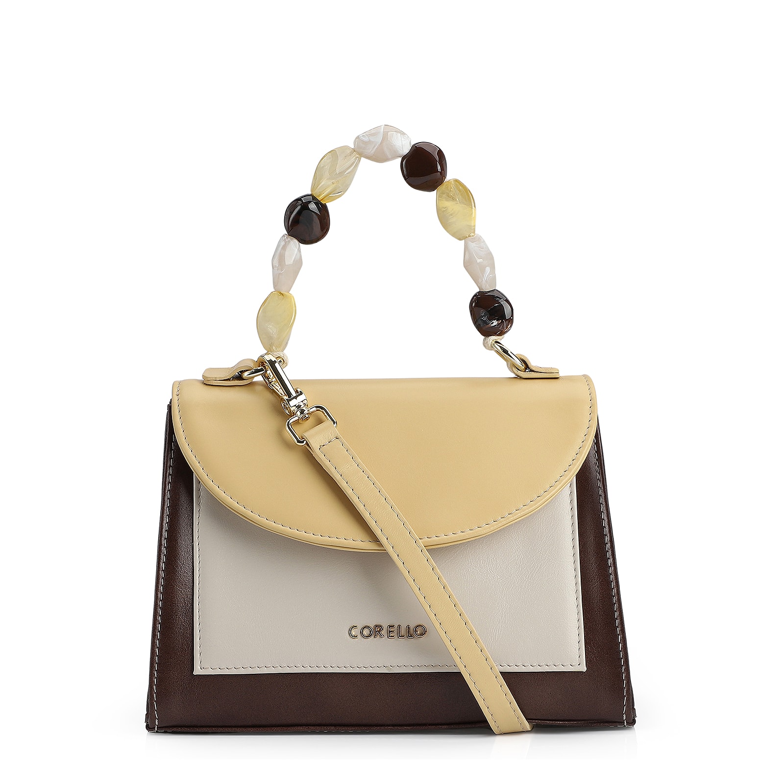 Bolsa De Mão Couro Marrom/Amarelo/Off White