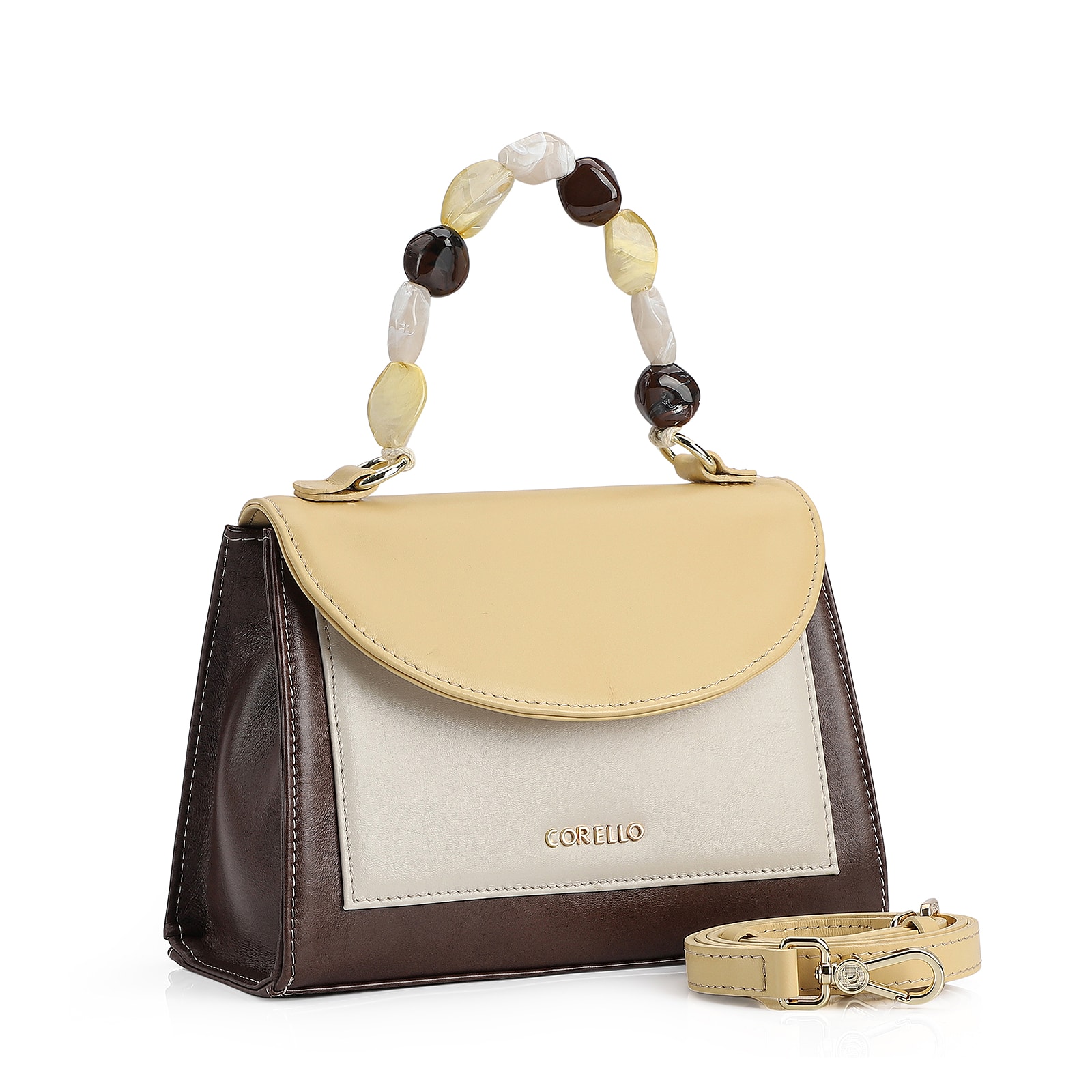 Bolsa De Mão Couro Marrom/Amarelo/Off White