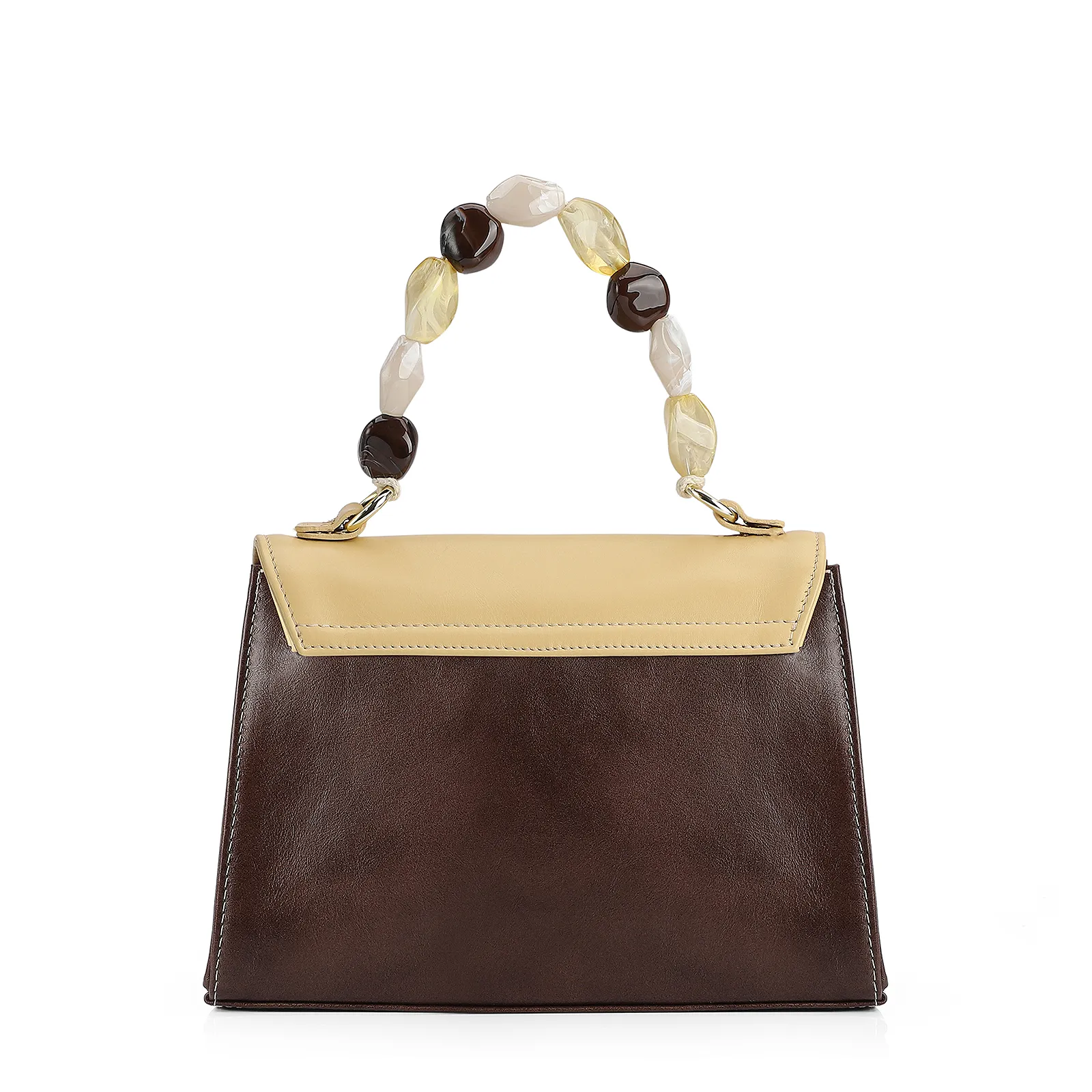 Bolsa De Mão Couro Marrom/Amarelo/Off White