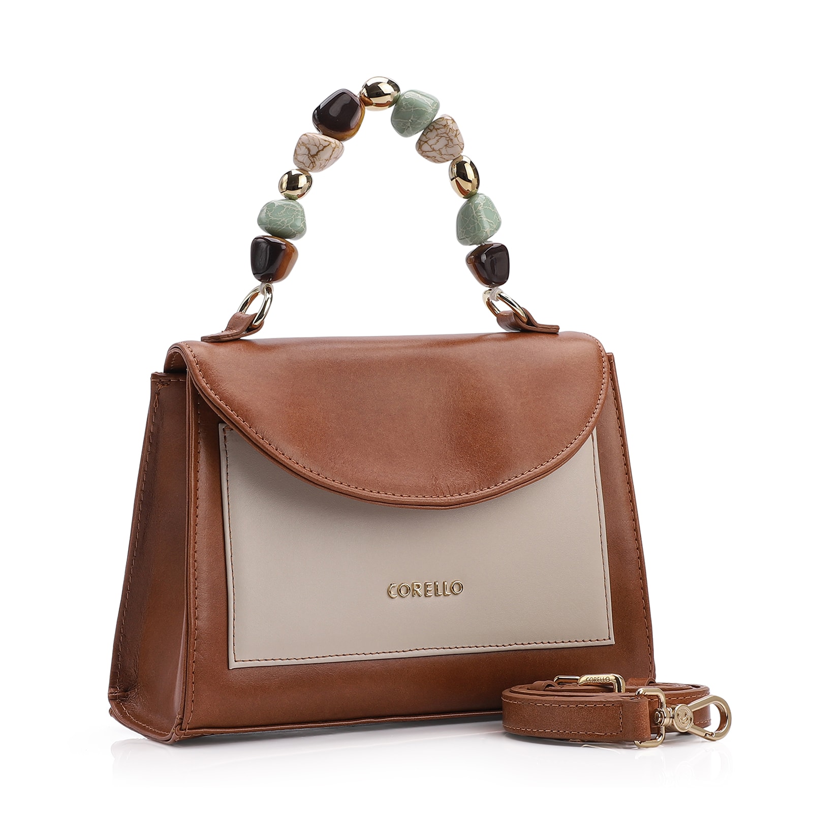 Bolsa De Mão Couro Marrom/Off White
