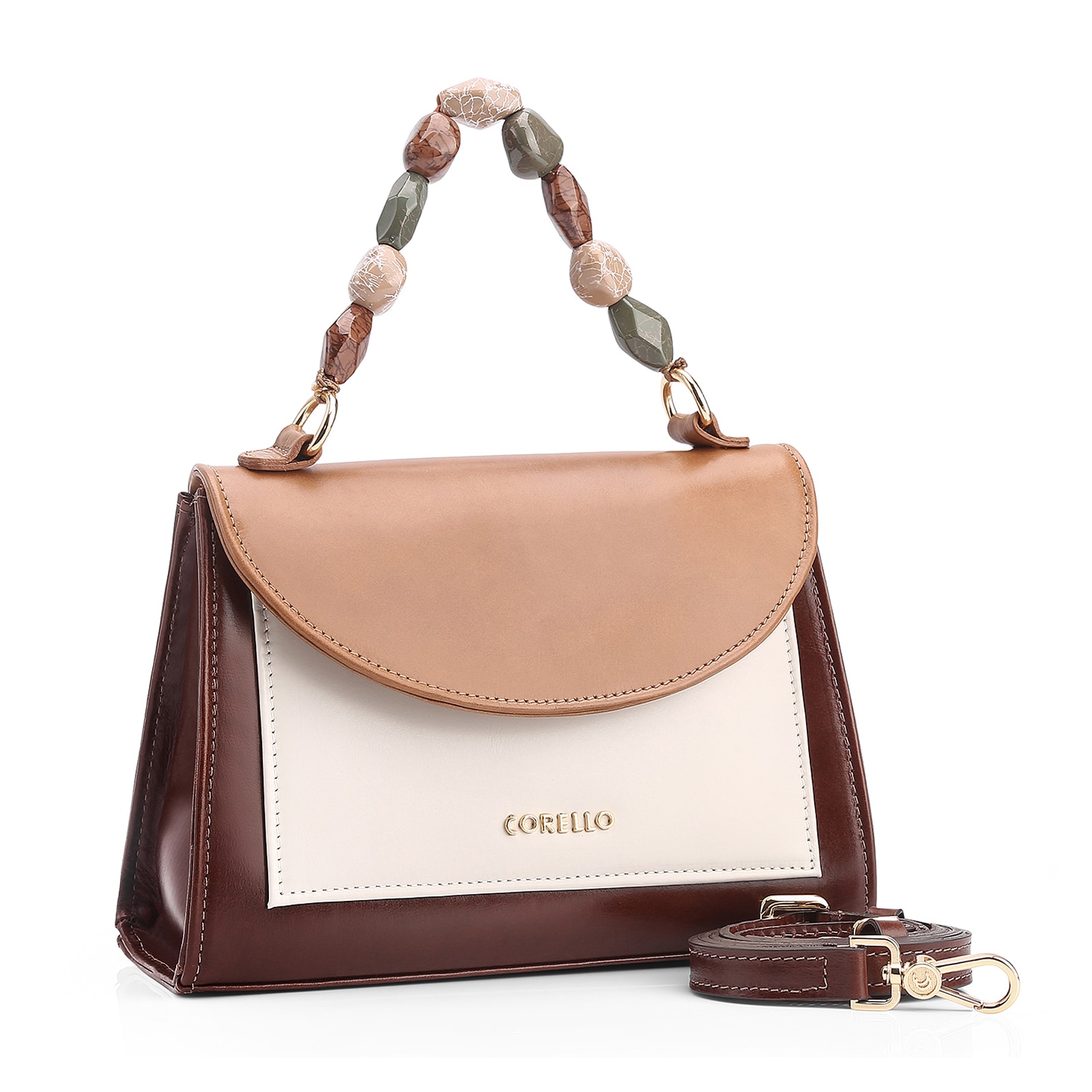 Bolsa De Mão Couro Marrom/Off White