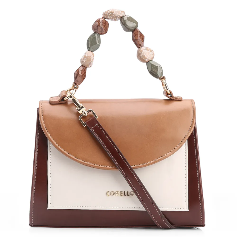 Bolsa De Mão Couro Marrom/Off White