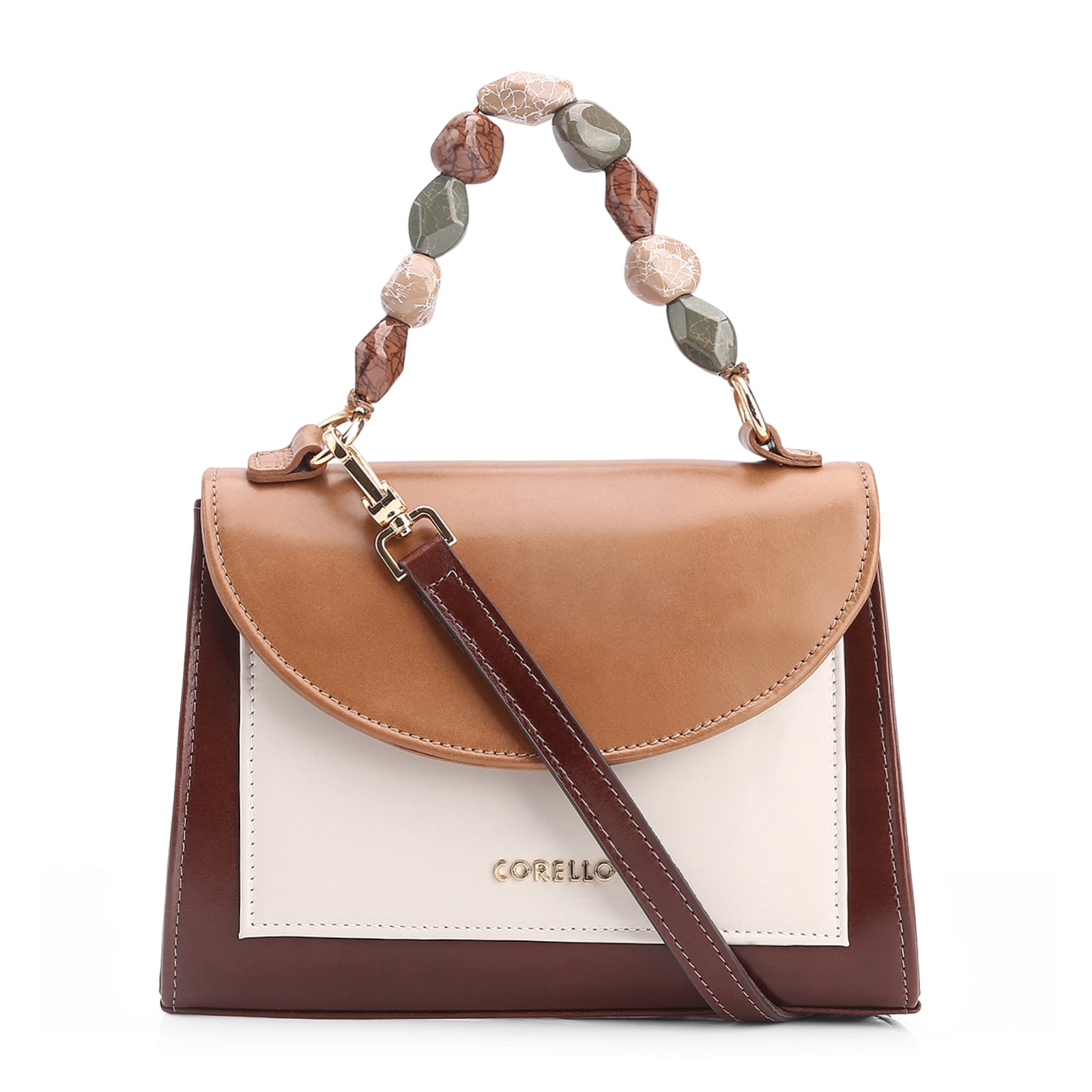 Bolsa De Mão Couro Marrom/Off White