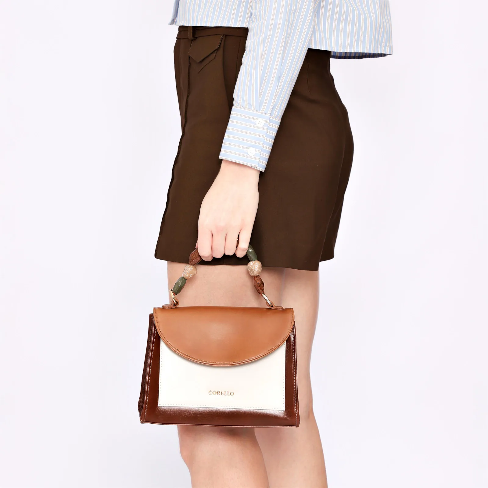 Bolsa De Mão Couro Marrom/Off White