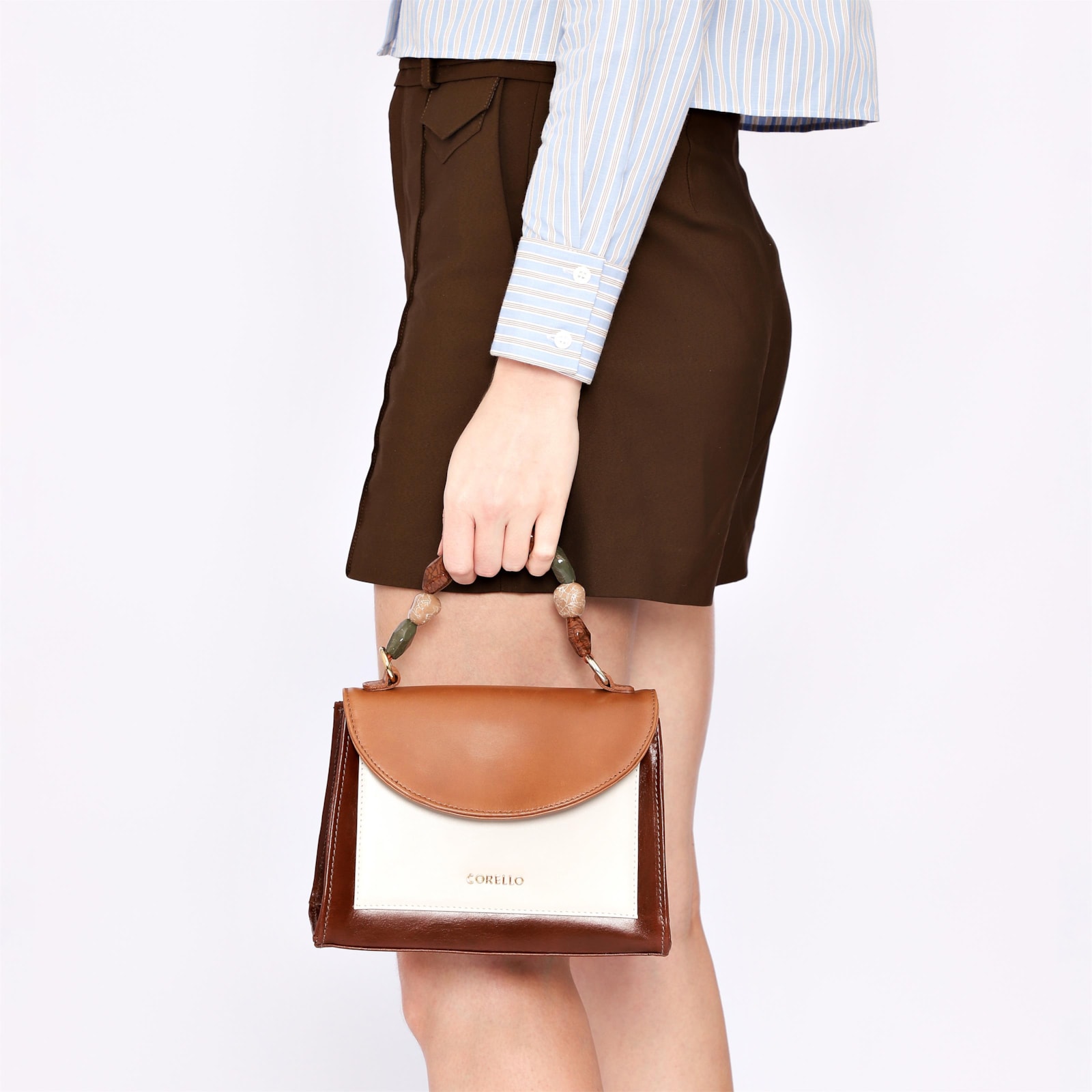 Bolsa De Mão Couro Marrom/Off White