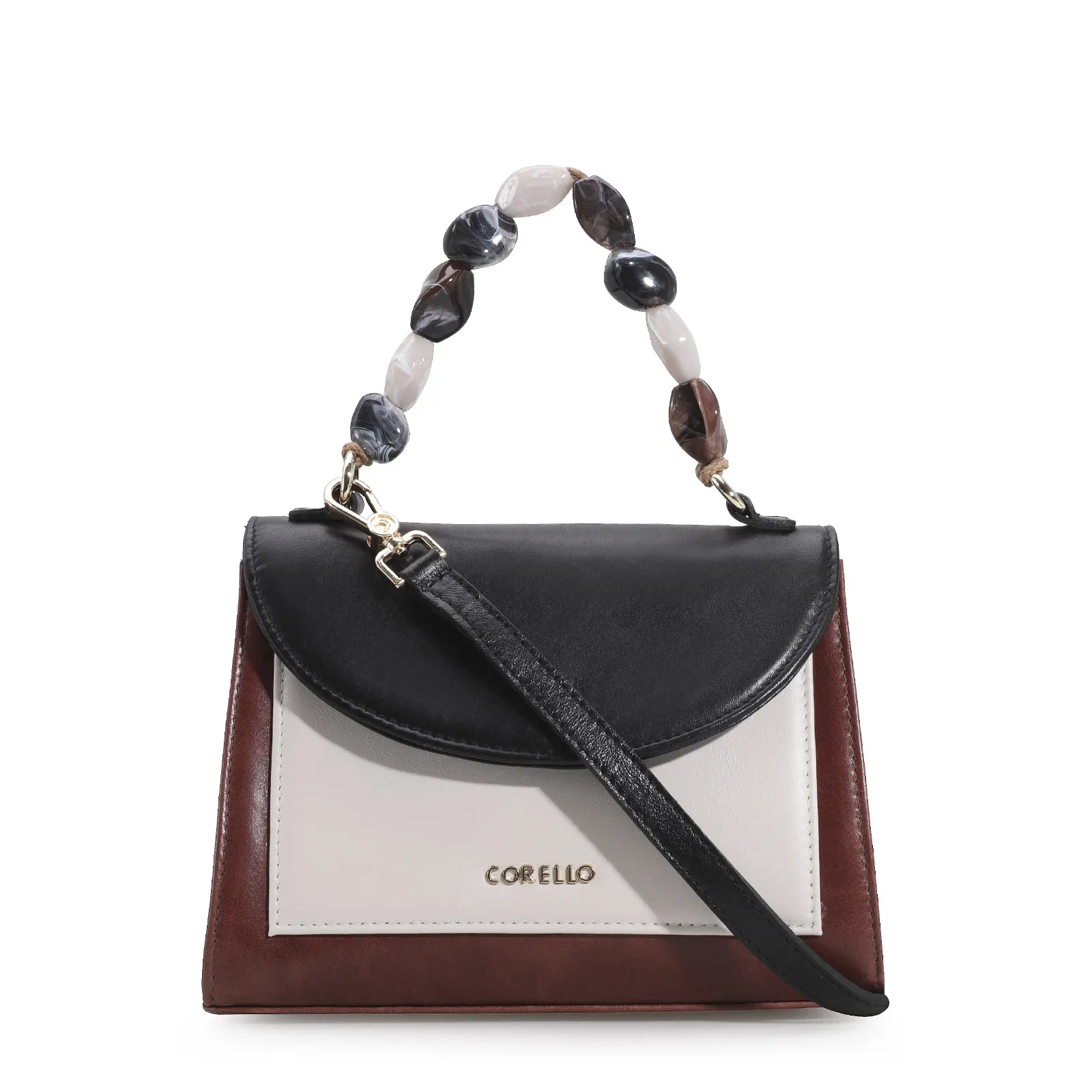 Bolsa De Mão Couro Marrom/Preto/Off White