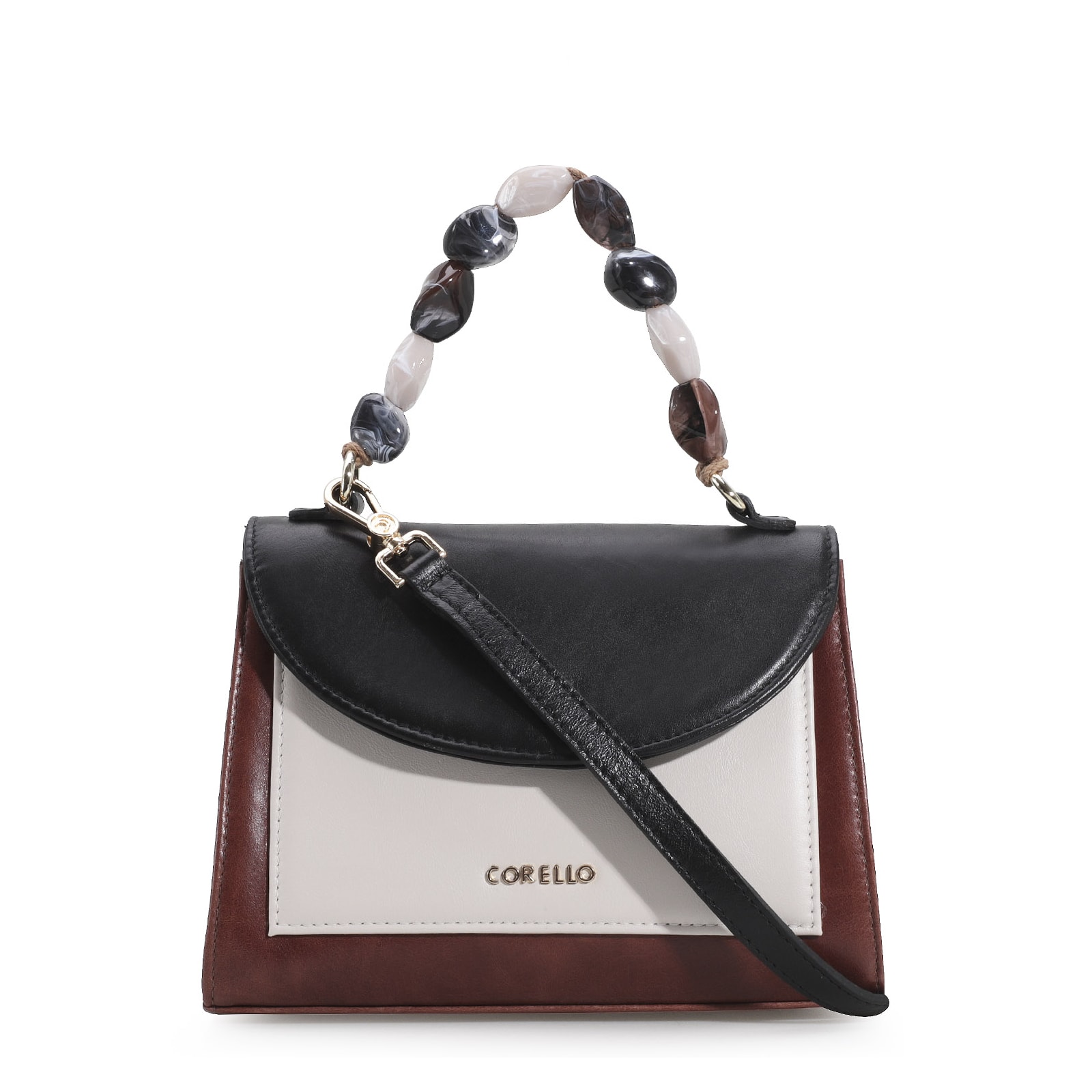 Bolsa De Mão Couro Marrom/Preto/Off White