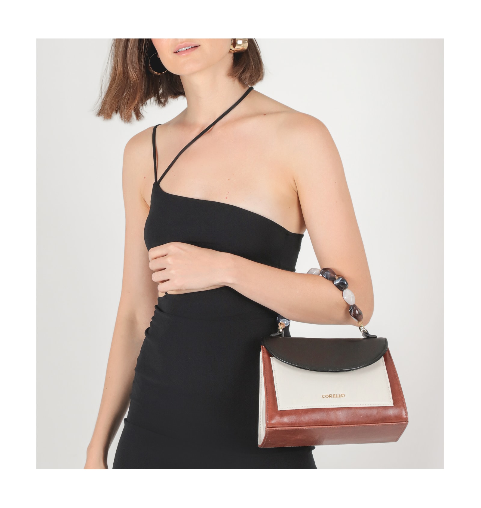 Bolsa De Mão Couro Marrom/Preto/Off White
