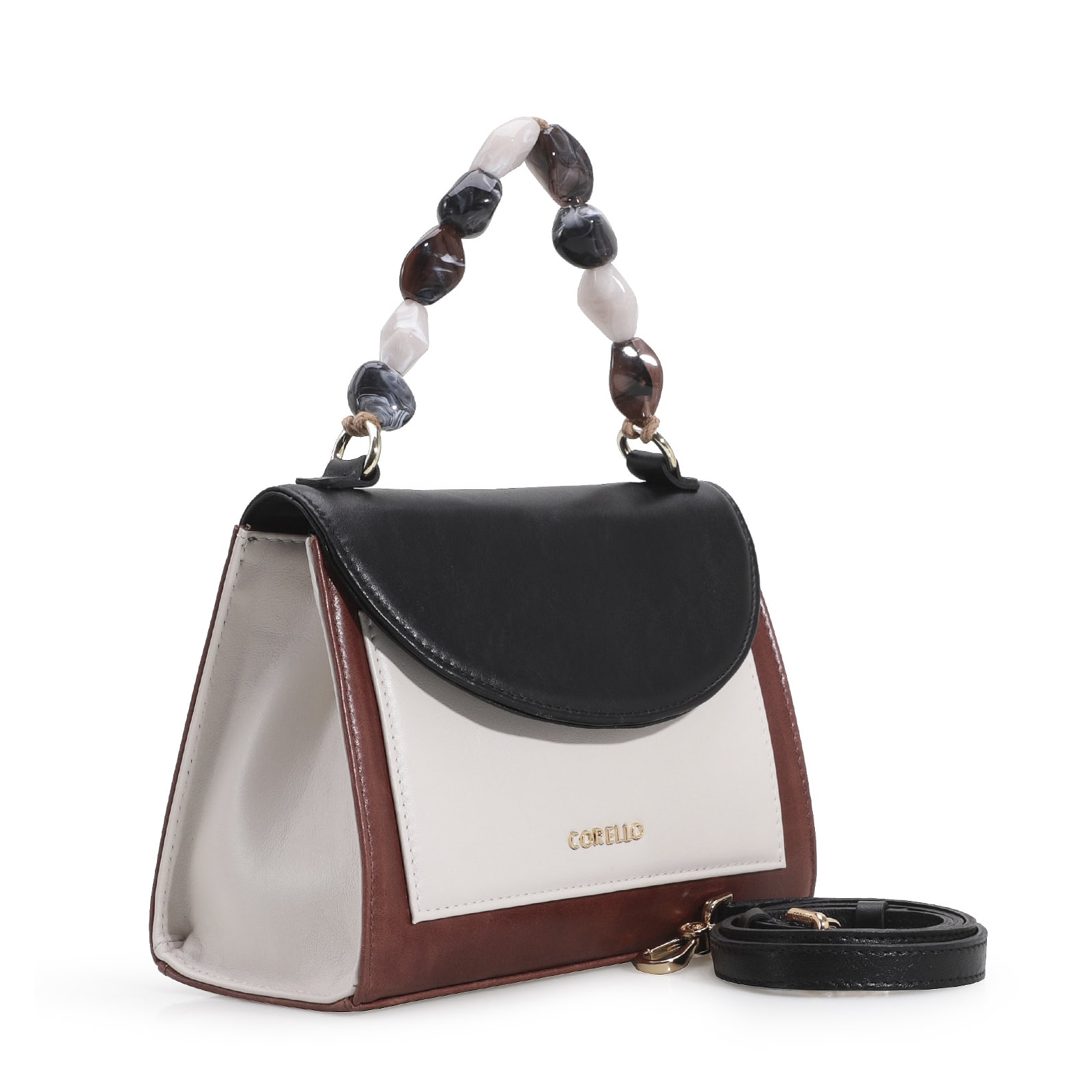 Bolsa De Mão Couro Marrom/Preto/Off White