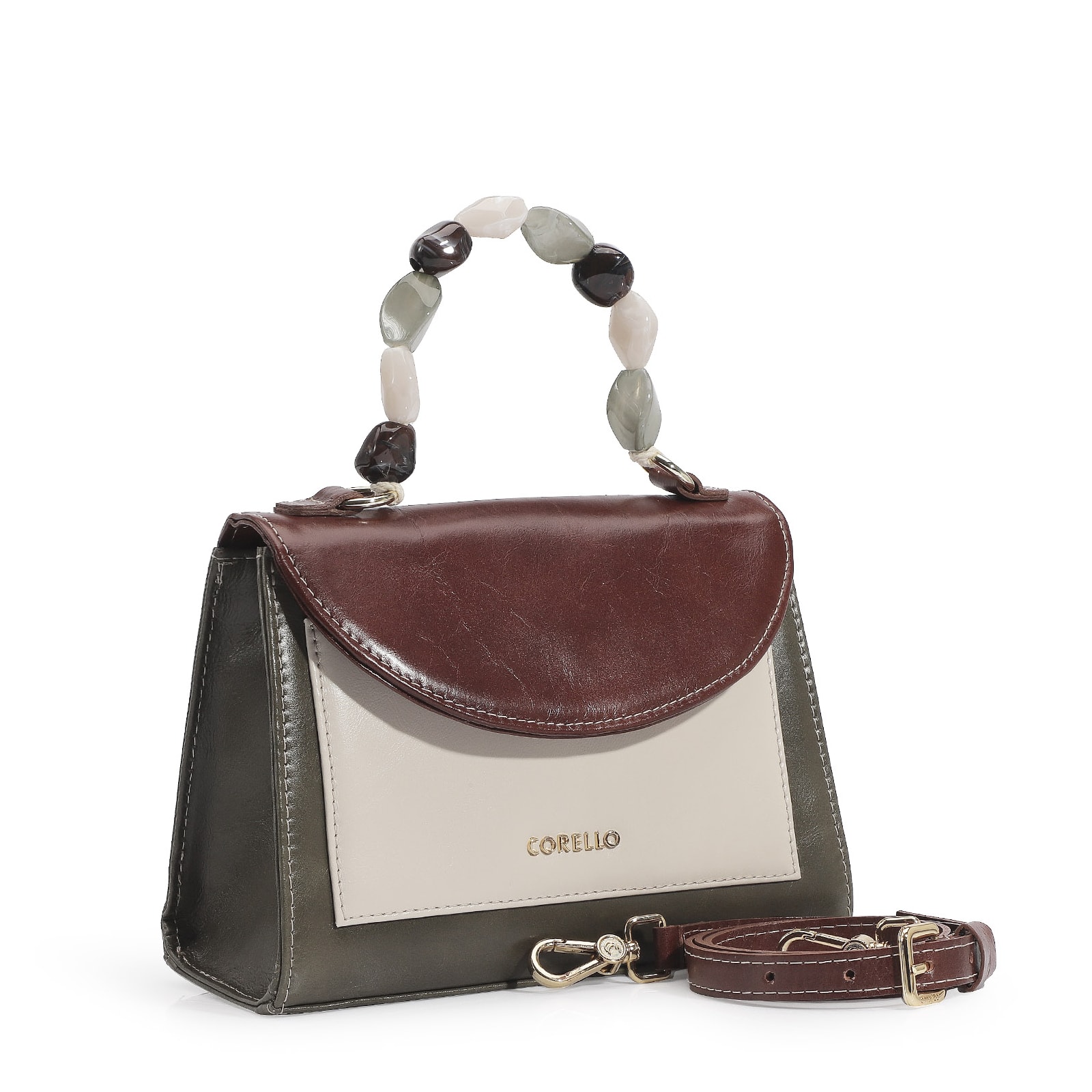 Bolsa De Mão Couro Oliva/Couro Nuvem