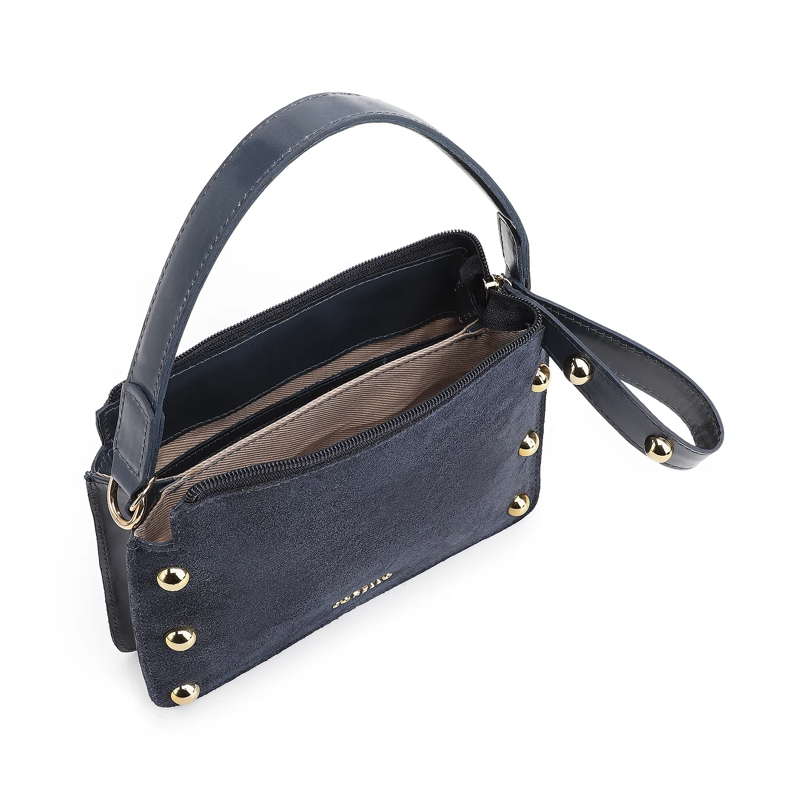 Bolsa De Mão Esferas Couro Azul/Camurça Azul