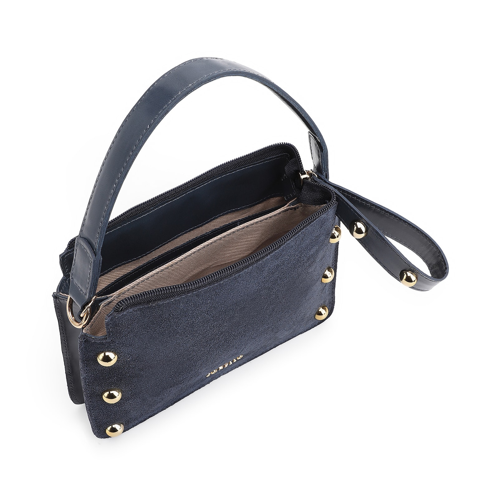 Bolsa De Mão Esferas Couro Azul/Camurça Azul