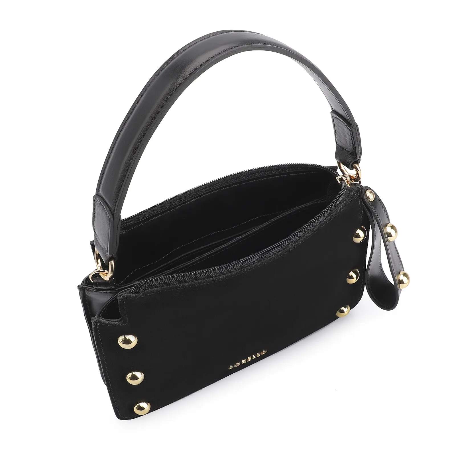 Bolsa De Mão Esferas Couro Preto/Camurça Preto