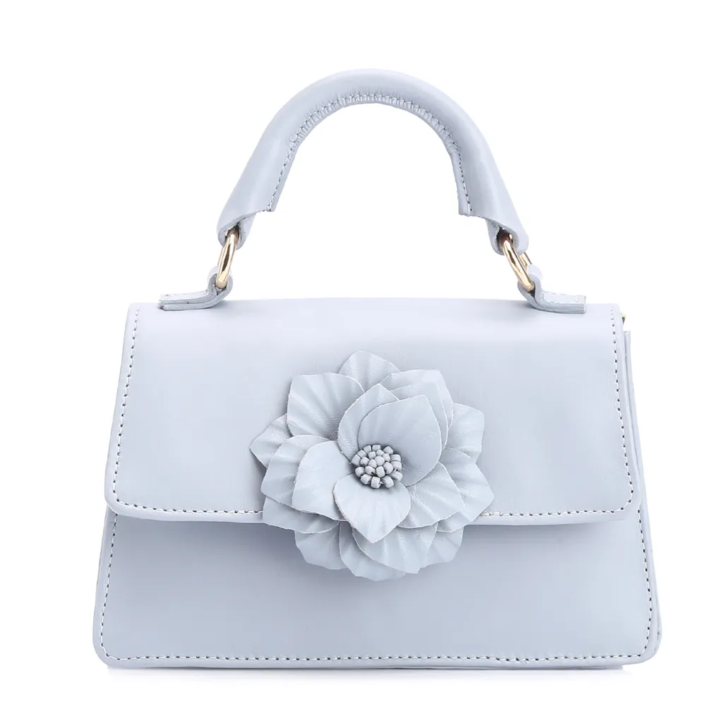 Bolsa De Mão Flor Couro Azul