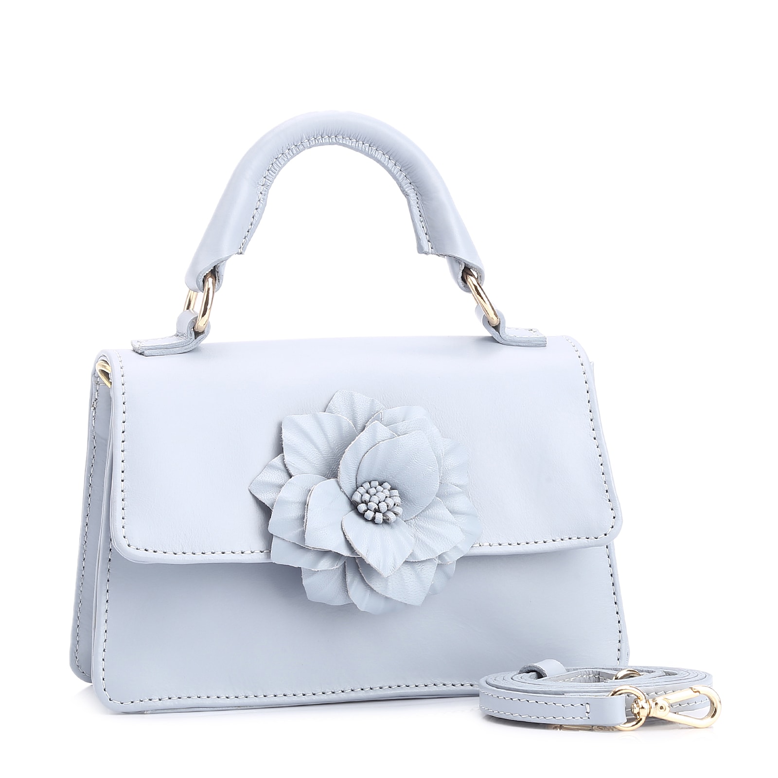 Bolsa De Mão Flor Couro Azul