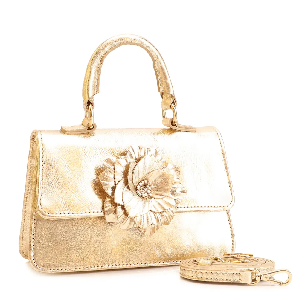 Bolsa De Mão Flor Couro Dourado - imagem 3