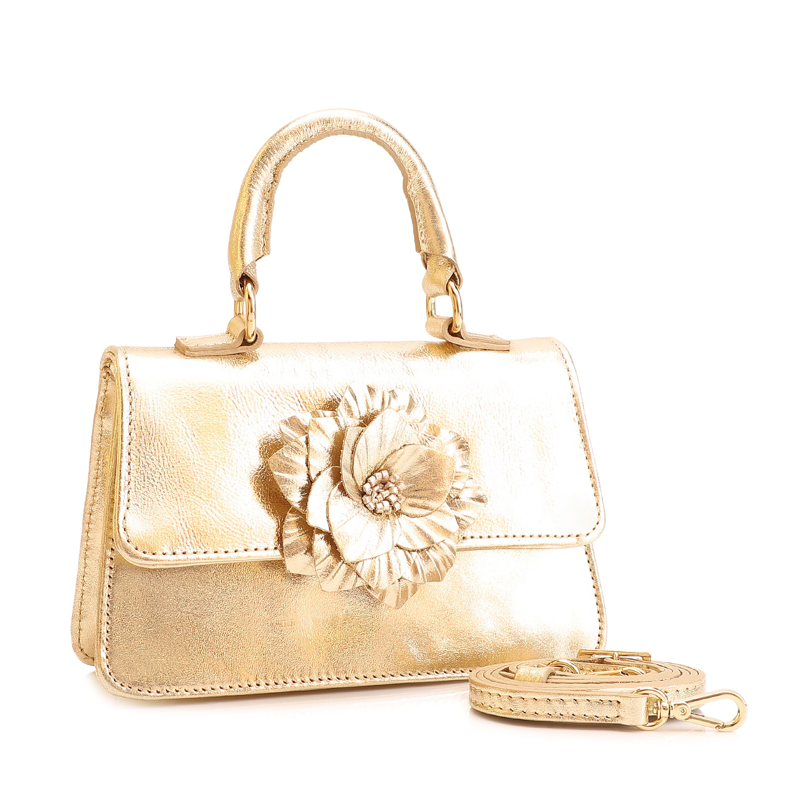 Bolsa De Mão Flor Couro Dourado