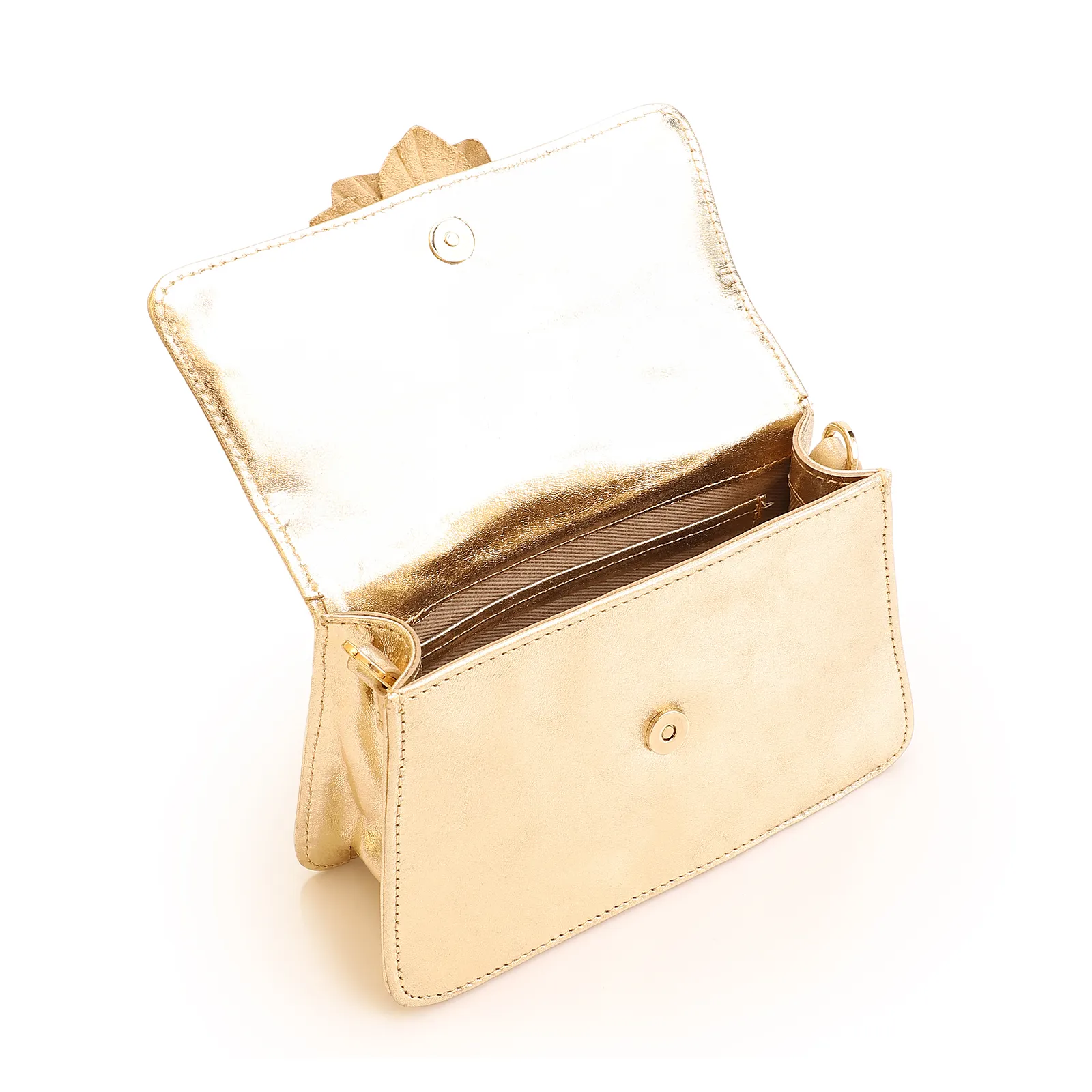 Bolsa De Mão Flor Couro Dourado