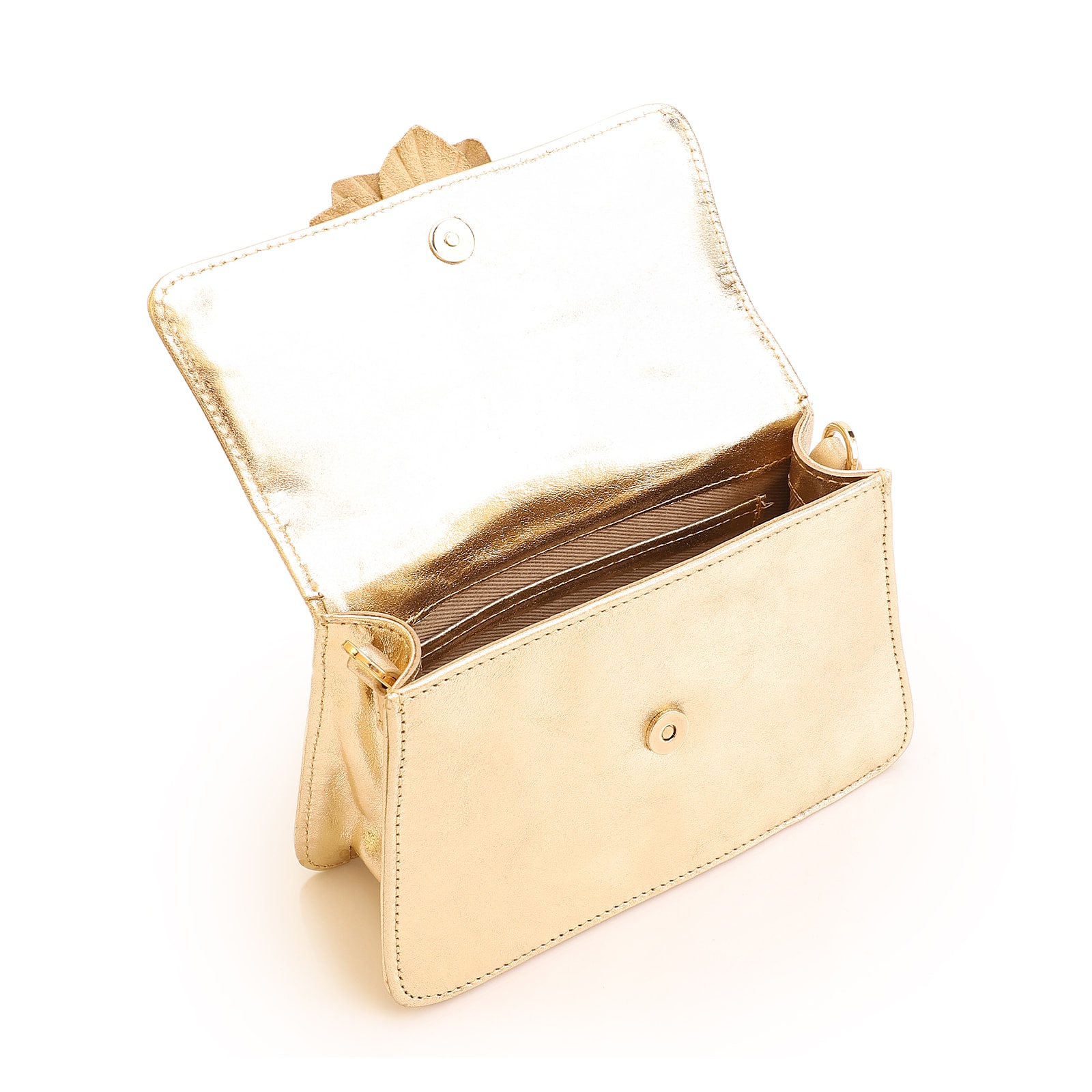 Bolsa De Mão Flor Couro Dourado