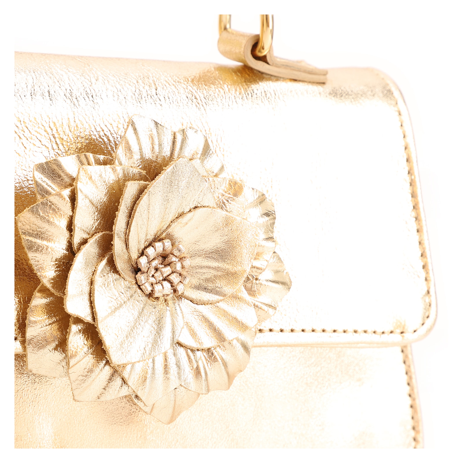 Bolsa De Mão Flor Couro Dourado