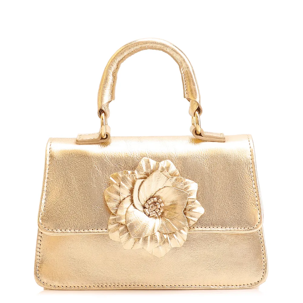 Bolsa De Mão Flor Couro Dourado