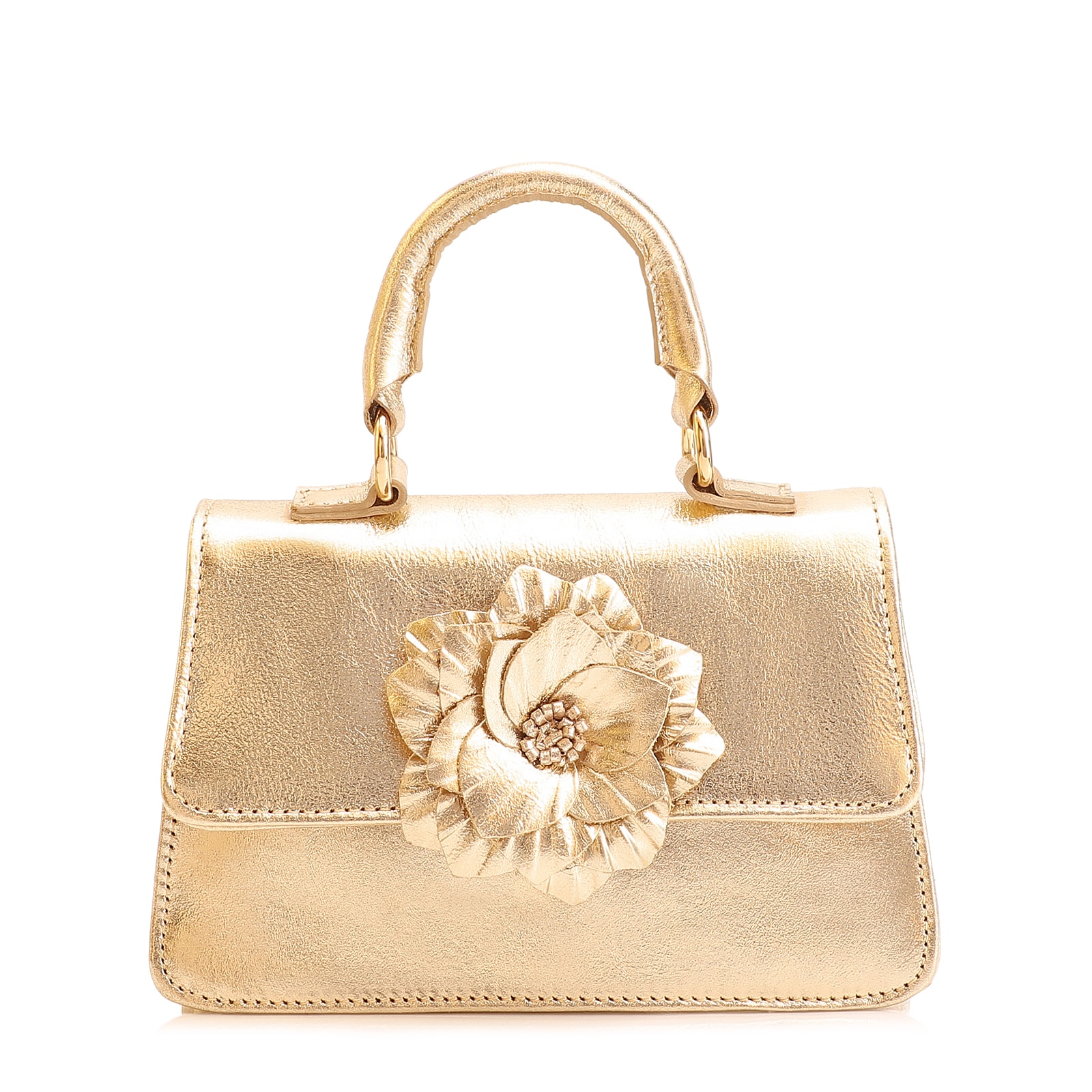 Bolsa De Mão Flor Couro Dourado
