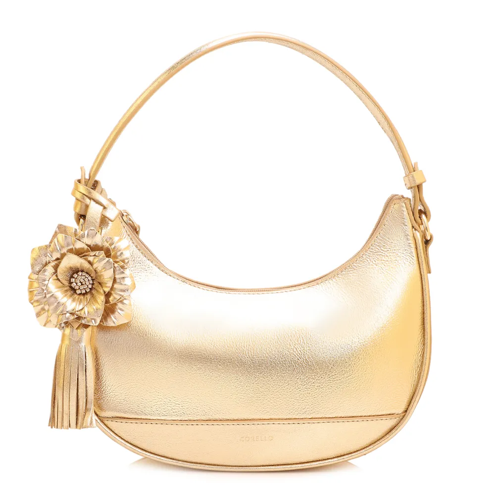 Bolsa De Mão Flor Couro Dourado