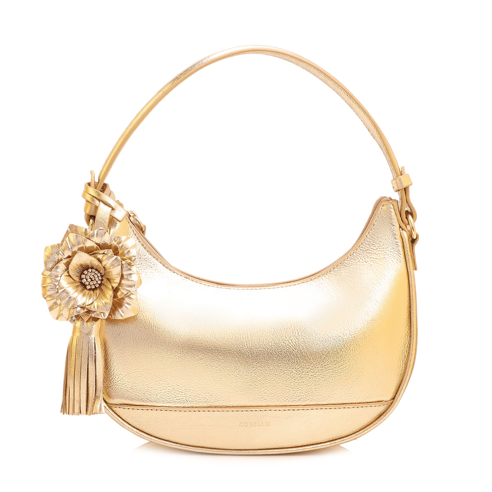 Bolsa De Mão Flor Couro Dourado