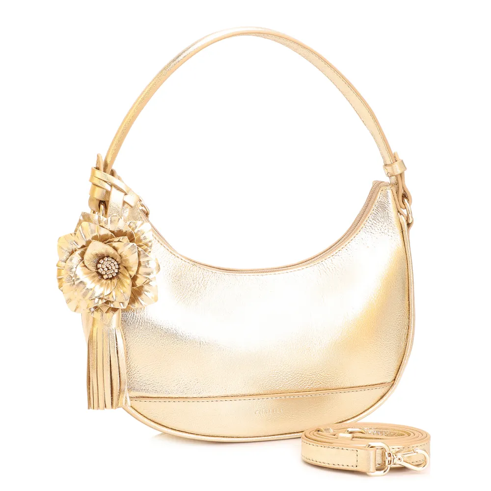 Bolsa De Mão Flor Couro Dourado - imagem 3