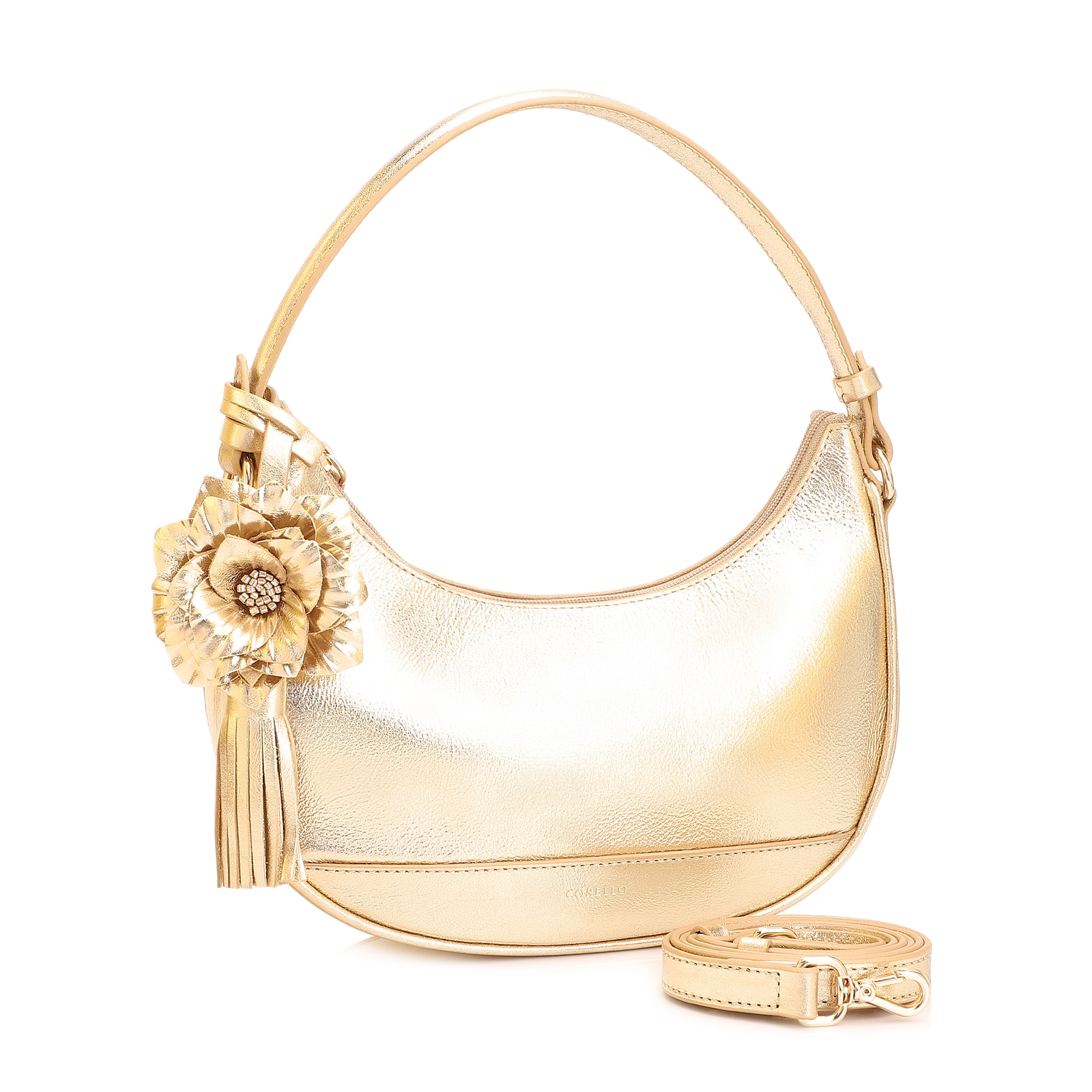 Bolsa De Mão Flor Couro Dourado